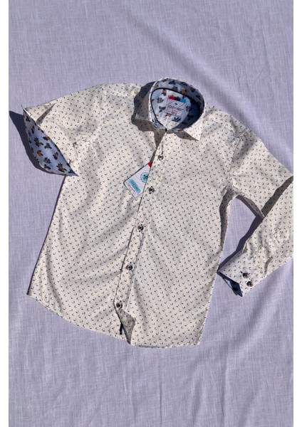 Yeni Sezon Lacivert Krem Ok Detaylı Uzun Kol Çocuk Gömlek