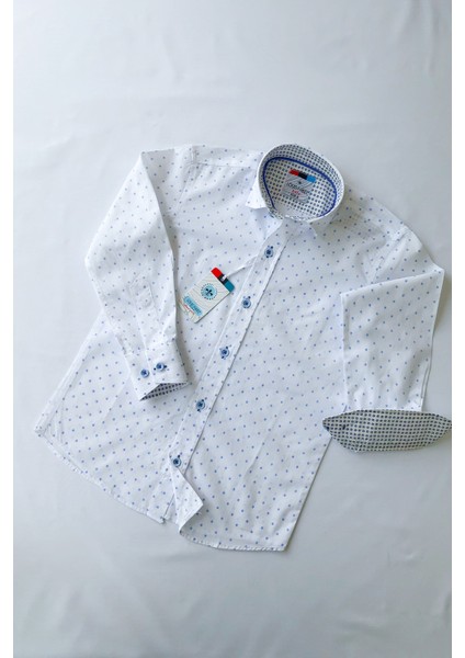 Yeni Sezon Beyaz Dörtgen Desenli Uzun Kol Çocuk Gömlek