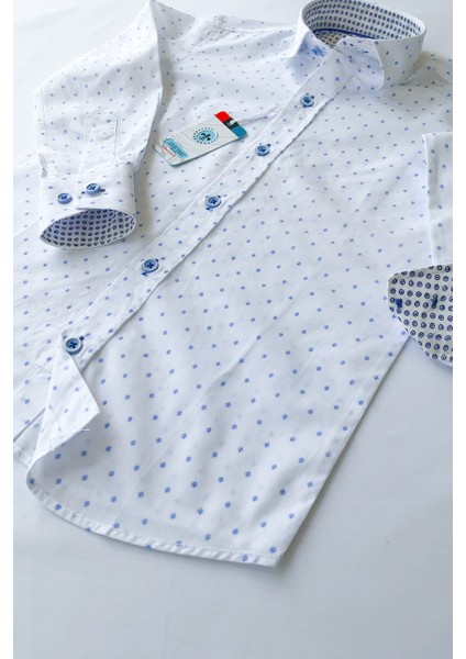 Yeni Sezon Beyaz Dörtgen Desenli Uzun Kol Çocuk Gömlek modelleri