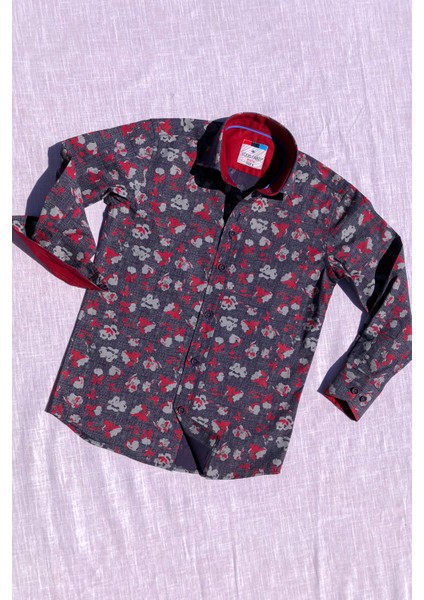 Yeni Sezon Bordo Çiçekli Uzun Kol Çocuk Gömlek