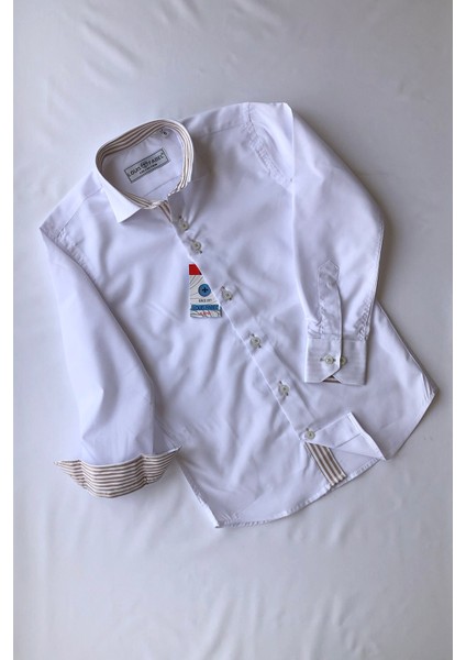 Beyaz Kahve Çizgili Okul Çocuk Gömleği