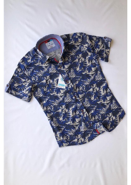 Büyük Çiçekli Saks Kısa Kol Çocuk Gömleği