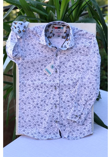 Yeni Sezon Lacivert Yapraklı Uzun Kol Çocuk Gömlek