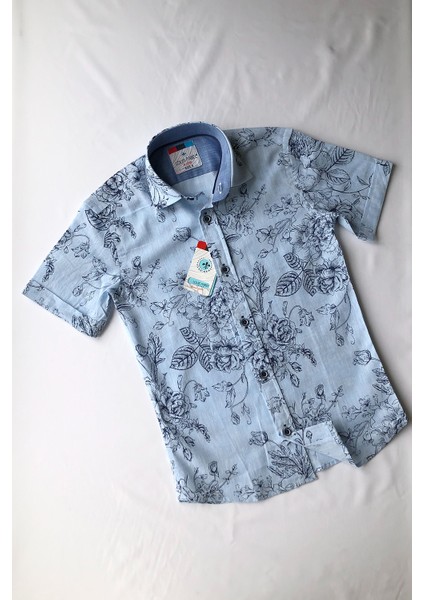 Keten Lacivert Kırmızı Çiçekli Kısa Kol Çocuk Gömleği