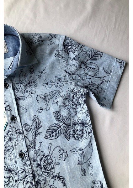 Keten Lacivert Kırmızı Çiçekli Kısa Kol Çocuk Gömleği modelleri