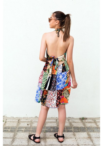 Sırtı Bağlamalı Patchwork Elbise