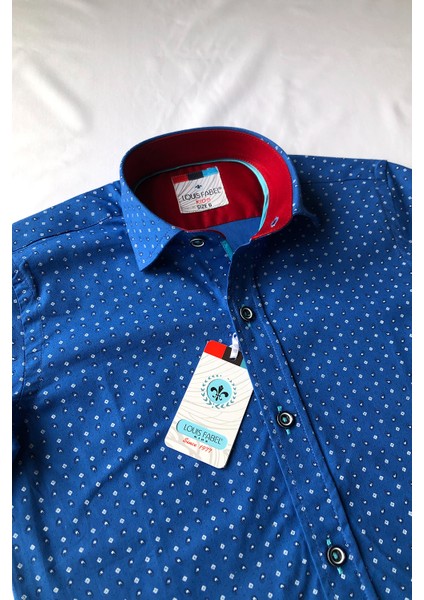 Lacivert Kare Detaylı Kısa Kol Çocuk Gömleği