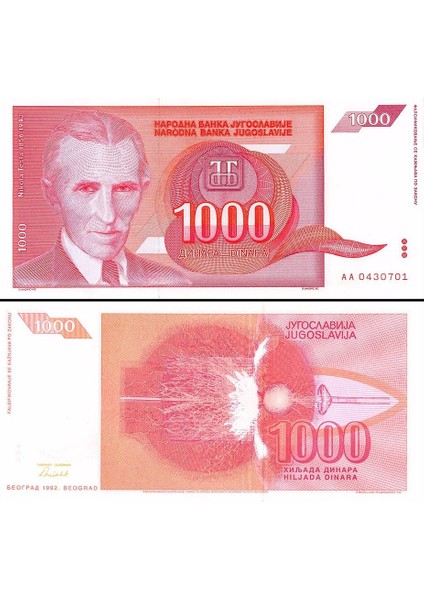 Nikola Tesla Yugoslavya 1000 Dinar 1992 Unc (Çil) Koleksiyon Para
