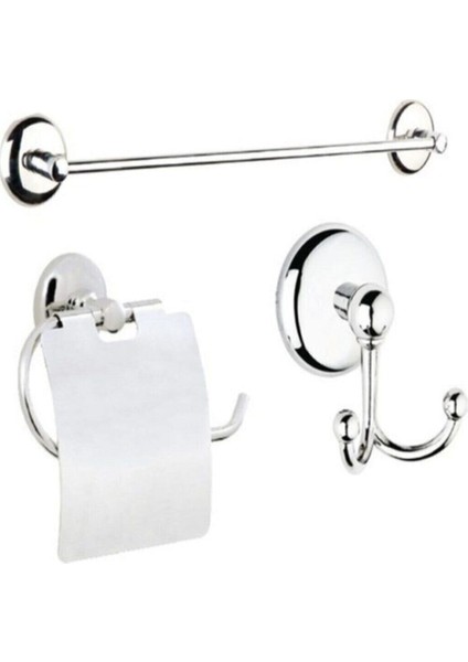 3'lü Krom Banyo Seti Kapaklı Kağıtlık Uzun Havluluk 2'li Askılık