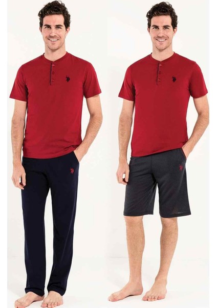 12005 Erkek 3'Lü Erkek Şort Pijama Takımı - Bordo