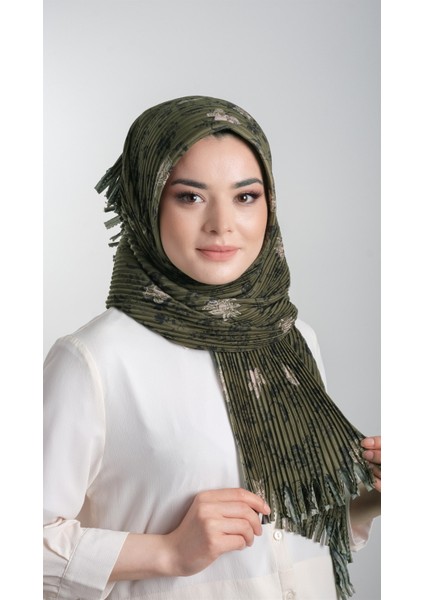 Haki Pratik Hazır Geçmeli Tesettür Eşarp Kesik Elyaf Piliseli Çiçek Desenli 1818D6_09
