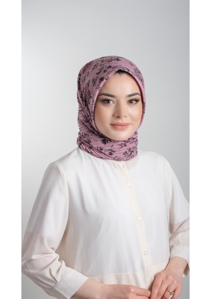 Gül Kurusu Pratik Hazır Geçmeli Tesettür Eşarp Kesik Elyaf Piliseli Çiçek Desenli 1818D6_18