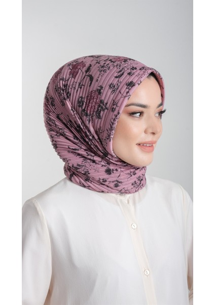 Gül Kurusu Pratik Hazır Geçmeli Tesettür Eşarp Kesik Elyaf Piliseli Çiçek Desenli 1818D6_18