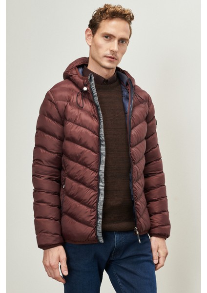 Erkek Bordo Standart Fit Normal Kesim Ayarlanabilir Ipli Kapüşonlu Şişme Spor Mont