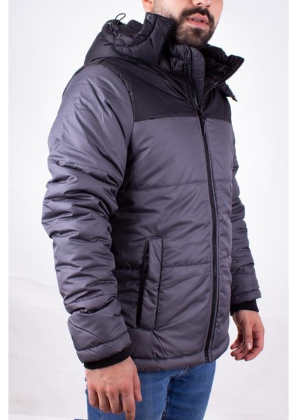 Arny Coat Koyu Gri Günlük Kapüşonlu Şişme Erkek Mont