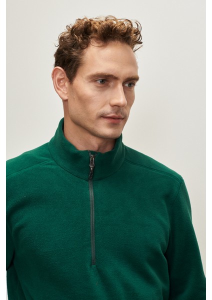 Erkek Yeşil Anti-pilling Tüylenme Yapmayan Standart Fit Dik Yaka Soğuk Geçirmez Polar Sweatshirt