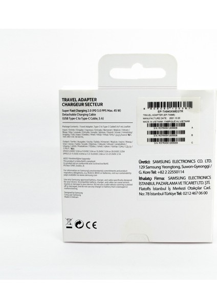 Galaxy S22+ 5g Fast Charging 45W Type-C Şarj Aleti Beyaz (Samsung Türkiye Garantili)