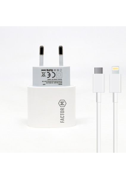 Factor M PD20W Quick Charger 20W Type-C To Lightning 2m Kablolu Şarj Set Beyaz