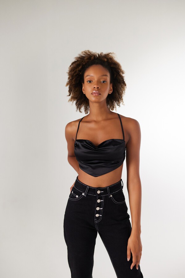 Holly Lolly Askılı Saten Shery Crop Siyah