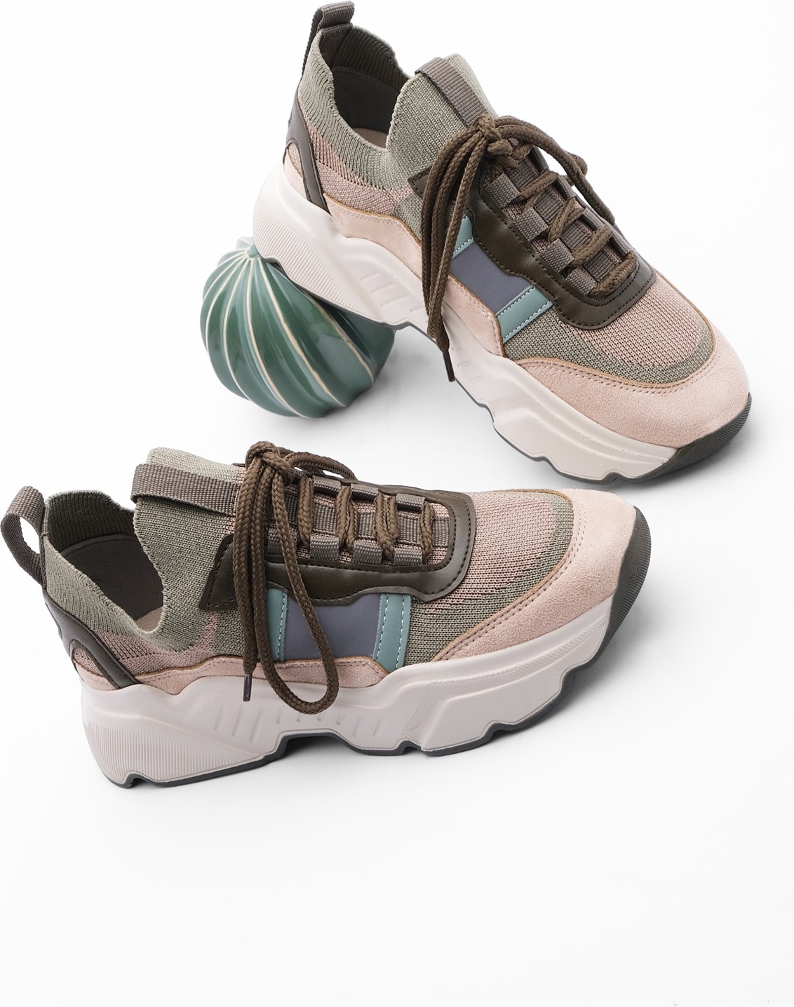 Marjin Kadın Sneaker Yüksek Taban Triko Spor Ayakkabı Volente Haki görsel 3