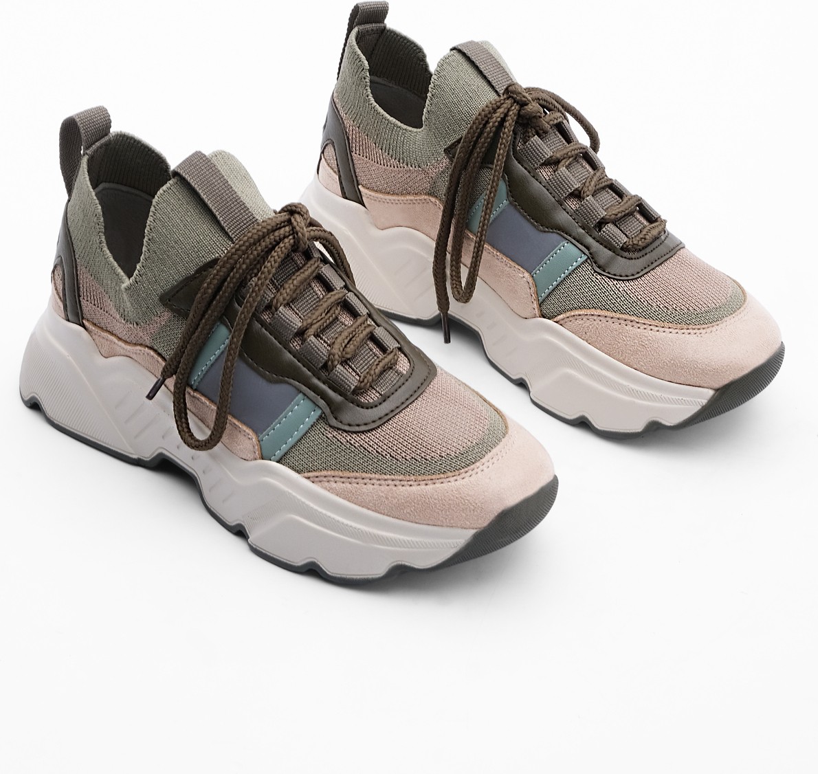 Marjin Kadın Sneaker Yüksek Taban Triko Spor Ayakkabı Volente Haki görsel 5