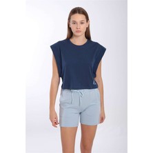 Maraton Regular Kadın Bisiklet Yaka  Navymelanj Crop Top