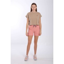 Maraton Comfort Kadın Bisiklet Yaka  Açık Vizon Crop Top