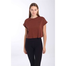 Maraton Comfort Kadın Bisiklet Yaka  Kahverengi Crop Top
