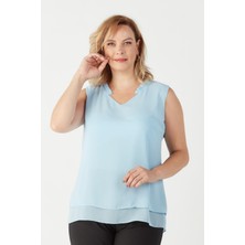 Moda Berray 3241 Yaka Fırfırlı Kolsuz Büyük Beden Şık Bluz Mavi