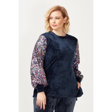 Moda Berray 3232 Lacivert Kadife Kolu Disko Payetli Büyük Beden Bluz