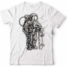 Kendim Seçtim Uzayda Kaykay Astronot Ay Nasa Uzay Cosmos Çocuk Tişört Beyaz