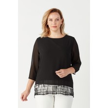 Moda Berray 4046 Şifon Payet Dantel Kombinli Büyük Beden Şık Bluz Siyah