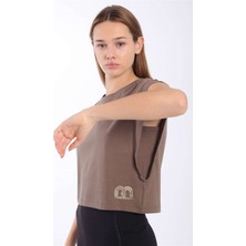 Maraton Regular Kadın Bisiklet Yaka  Kakao Crop Top