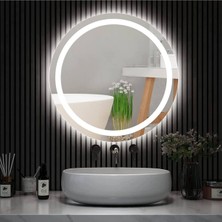 Dnr-Mirror90 cm Beyaz Ledli Kumlamalı Yuvarlak Banyo Aynası Tuvalet Aynası