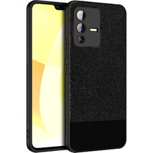 Microcase Vivo V23 5g Fabrik Kumaş ve Deri Desen Kılıf - Siyah