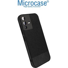 Microcase Vivo V23 5g Fabrik Kumaş ve Deri Desen Kılıf - Siyah