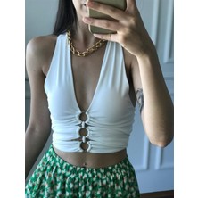 Dilvin Metal Halkalı Crop-Beyaz