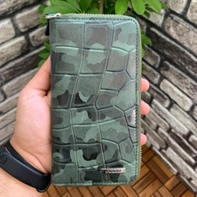 AsyaClub Hakiki Deri Unisex Yeşil Kamuflaj Fermuarlı Portföy Cüzdan (T362)