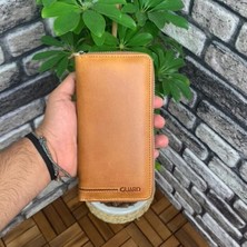 AsyaClub Hakiki Deri Unisex Antik Sarı Fermuarlı Portföy Cüzdan