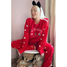 Pijama Evi Kırmızı Peluş Pijama Takımı Kadın İçin Baking Desenli Rahat Kesim