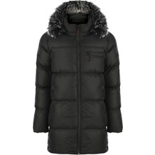 North Fashion NorthFashion Erkek Siyah Kürk Kapüşonlu Uzun Model Şişme Mont & Kaban & Parka