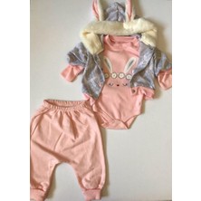 Baby Blue Tavşan Kulaklı Peluş Şapkalı Hırkalı Pantolonlu Çıtçıtlı Body %100 Organik Pamuklu