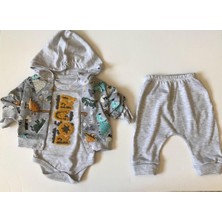 Baby Blue Dinozorlu Hırkalı 3lü Takım %100 Pamuklu Organik