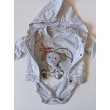 Baby Blue Fil Peluşlu 3lü Takım %100 Organik Pamuklu Antialerjik Çıtçıtlı Body