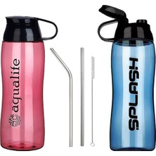İlksoft Okul Su Matarası Suluk (750 ml) Bpa Içermez + Metal Pipet 2li Temizleme Fırçası