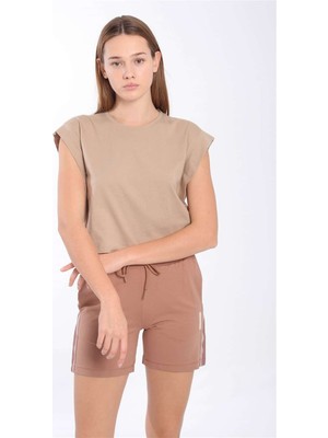 Maraton Regular Kadın Bisiklet Yaka  Açık Vizon Crop Top