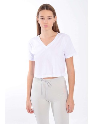 Maraton Regular Kadın V Yaka  Beyaz Crop Top