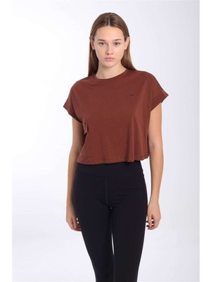 Maraton Comfort Kadın Bisiklet Yaka  Kahverengi Crop Top
