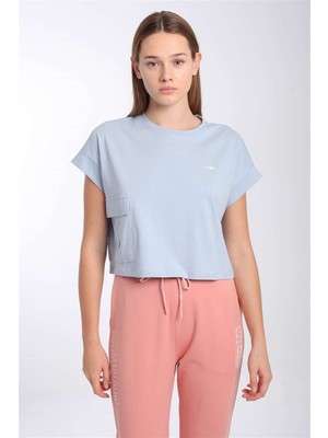 Maraton Comfort Kadın Bisiklet Yaka  Sisli Mavi Crop Top