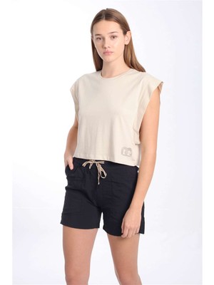 Maraton Regular Kadın Bisiklet Yaka  Kil Rengi Crop Top